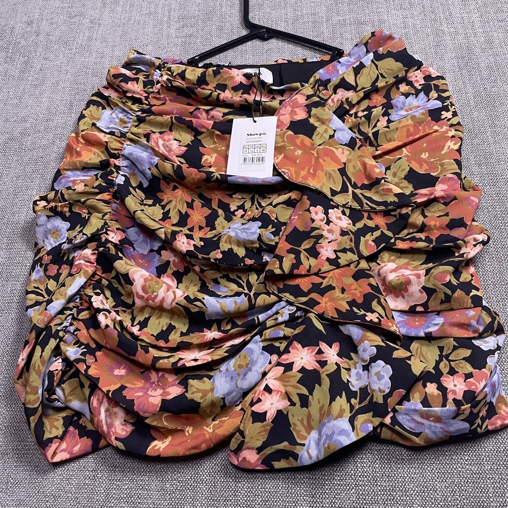 Showpo Henny Mini Skirt Womens 6 Black Multi Floral Ruched Ruffle Back Zip